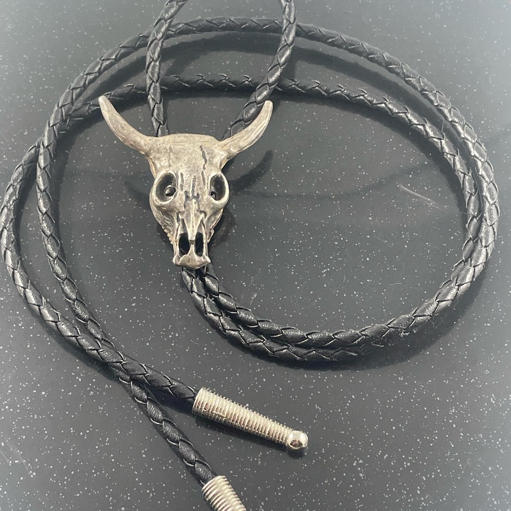 Black Braided Bolo Tie with Silver Bull Skull